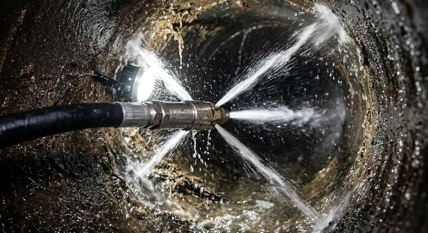 High-pressure hydro jetting nozzle cleaning sewer pipe for Emergency Drain Service in Redding