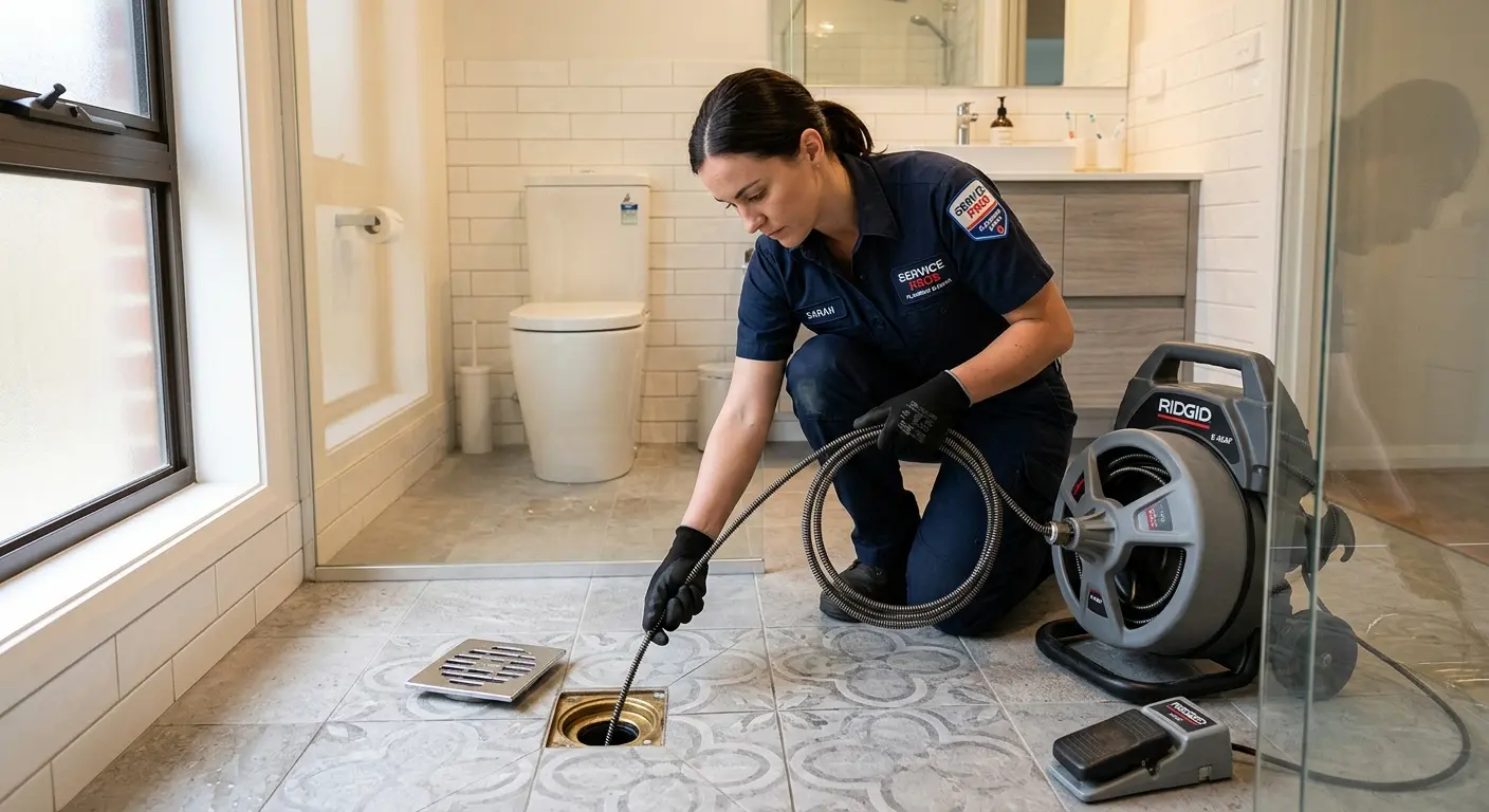 Technician clearing a bathroom floor drain for Drain Cleaning in Redding